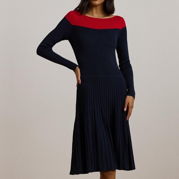 Ralph Lauren Dresses & Skirts - Lauren Ralph Lauren 2 Tone Pointelle Knit Fit & Flare Dress NWT Size M Navy/Red